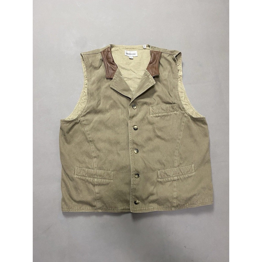 Vintage London Fog Vest Cotton Genuine Leather Tan/Brown Men's S
